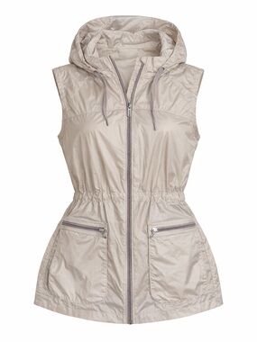 Athleta Medium Hooded Utility Vest Beige Lightweight Zip Pockets Athleisure